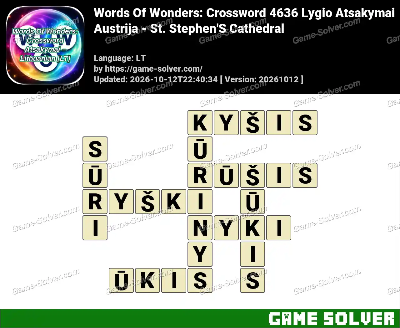 Words Of Wonders: Crossword 4636 Lygio Atsakymai – Austrija – St. Stephen’S Cathedral